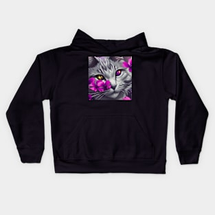 Grey Cat Wolf Surrounded by Purple Flowers Kids Hoodie